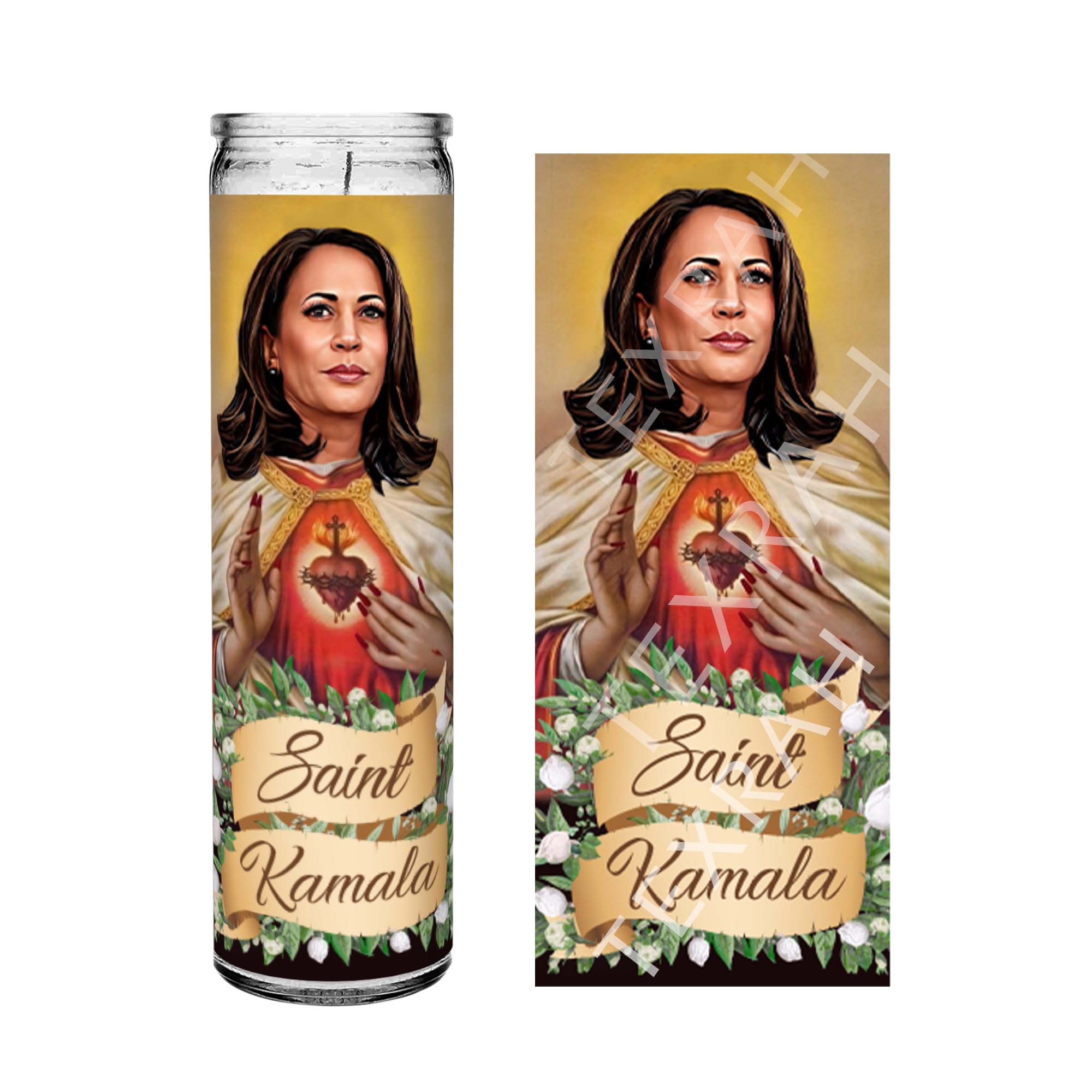 Saint Kamala Harris altar candle 8 inch white unscented with original artwork