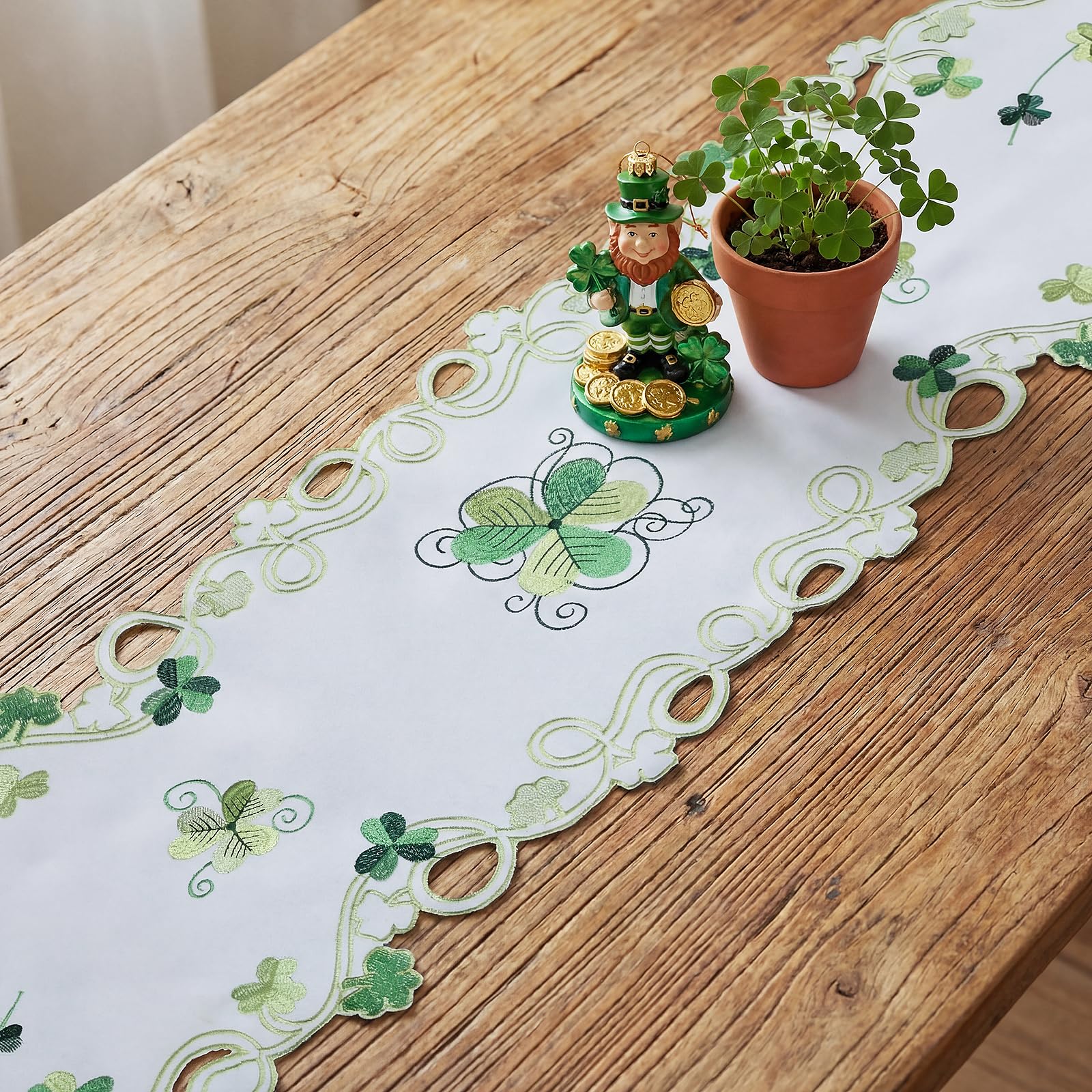 Embroidered shamrock decor on Saint Patricks Day table runner