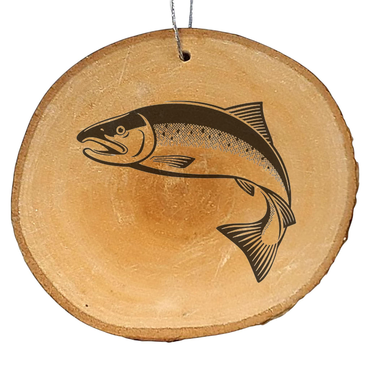 Salmon Engraved Wood Ornament live edge with silver string