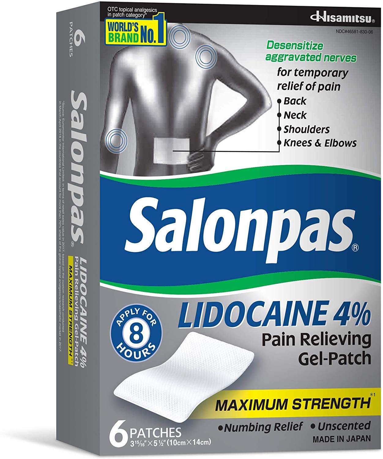 Salonpas lidocaine gel patch applied to back or neck area