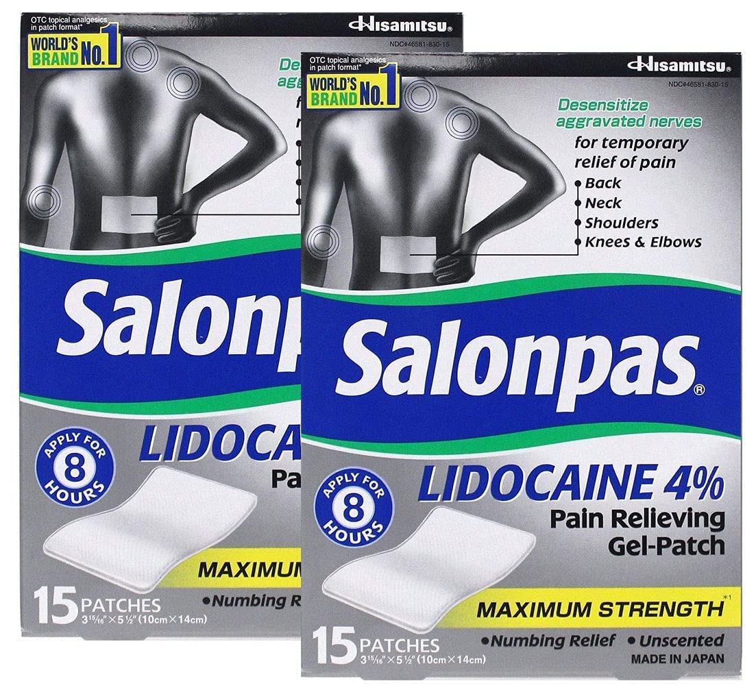 Salonpas LIDOCAINE Pain Relieving Gel Patch two packs of fifteen patches packaging
