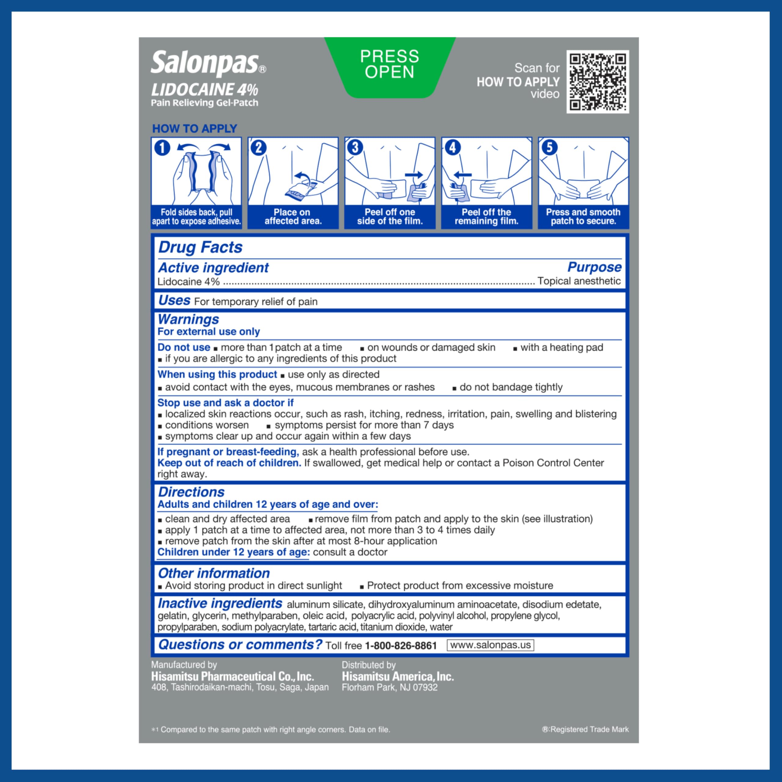 Salonpas lidocaine 4% patch packaging image