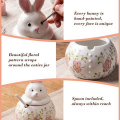 Salt cellar with spoon in rabbit ceramic sugar jar design