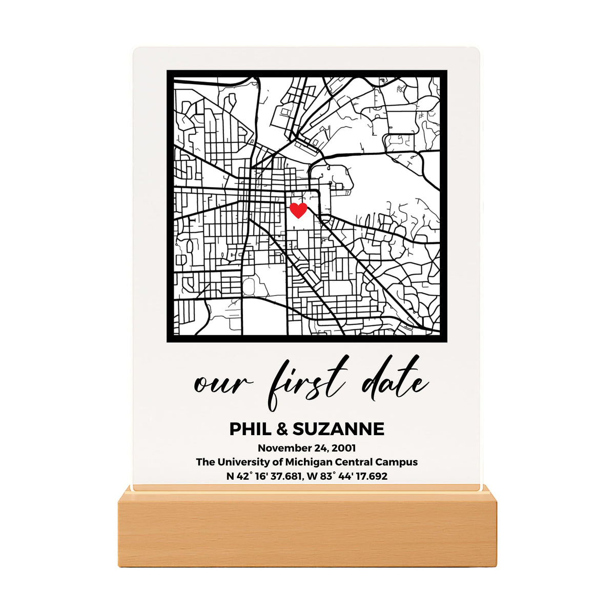 SAME DAY SHIP Where We Met Custom Map wooden base LED light
