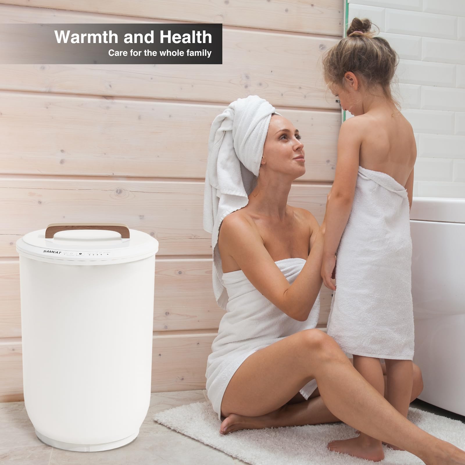 Wood handle on SAMEAT towel warmer for bathroom