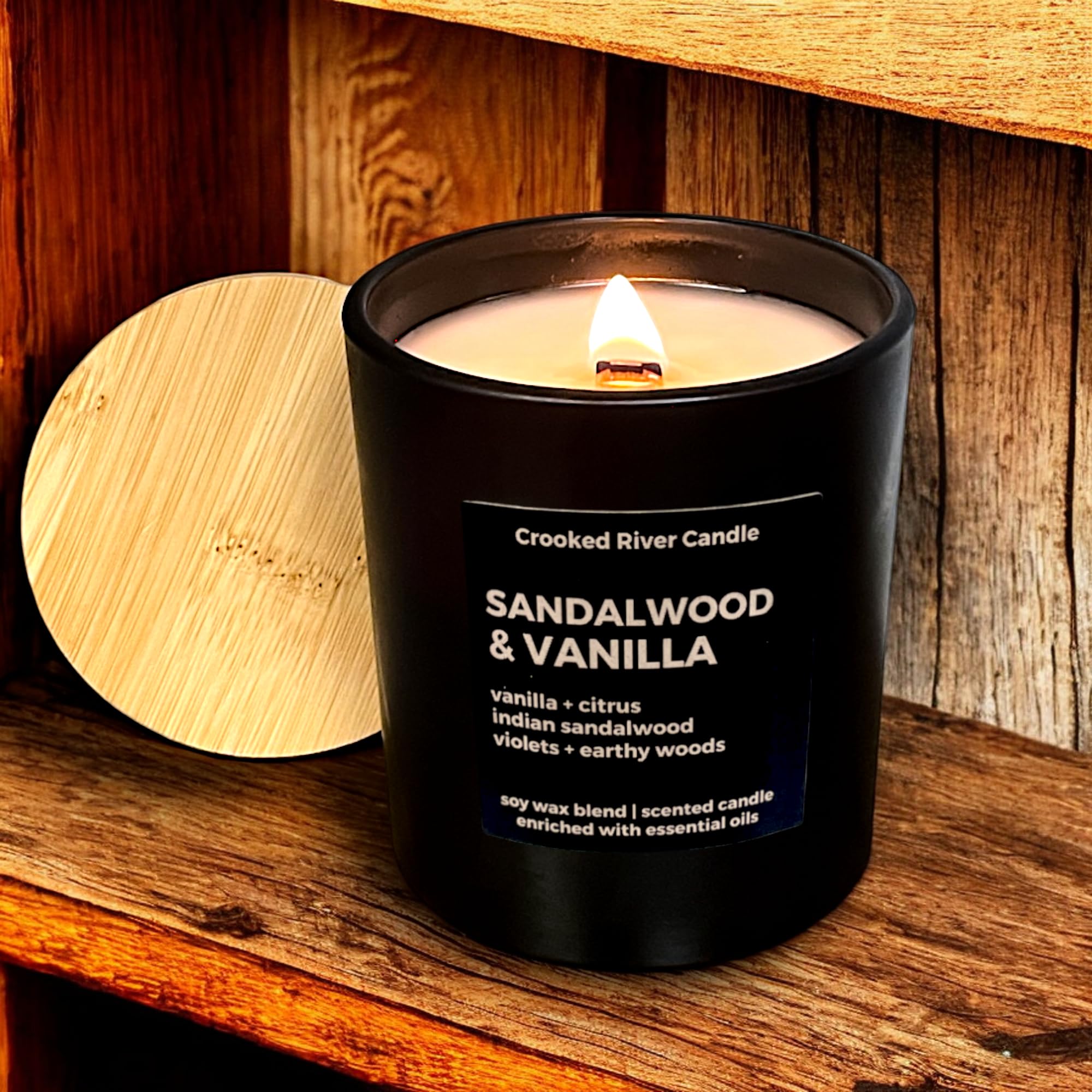 Reusable matte black vessel with bamboo lid sandalwood vanilla soy candle