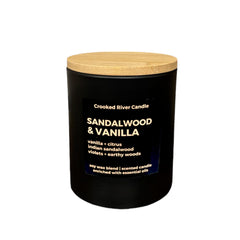 Sandalwood Vanilla soy candle matte black vessel wood wick 7.5 oz