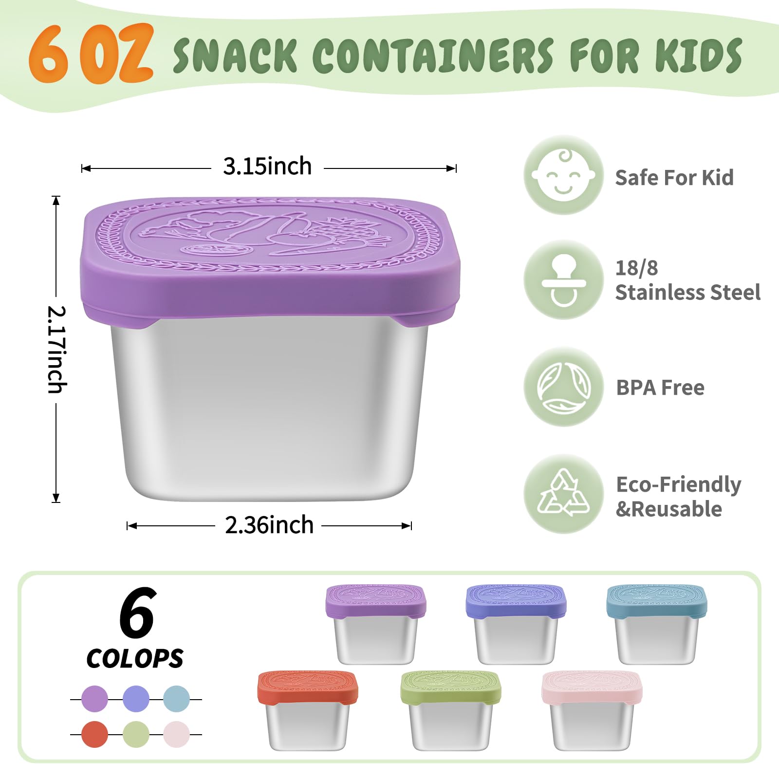 Stainless steel snack containers for kids 6-pack with BPA-free silicone lids