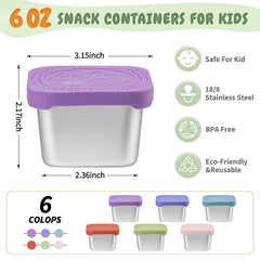 Stainless steel snack containers for kids 6-pack with BPA-free silicone lids