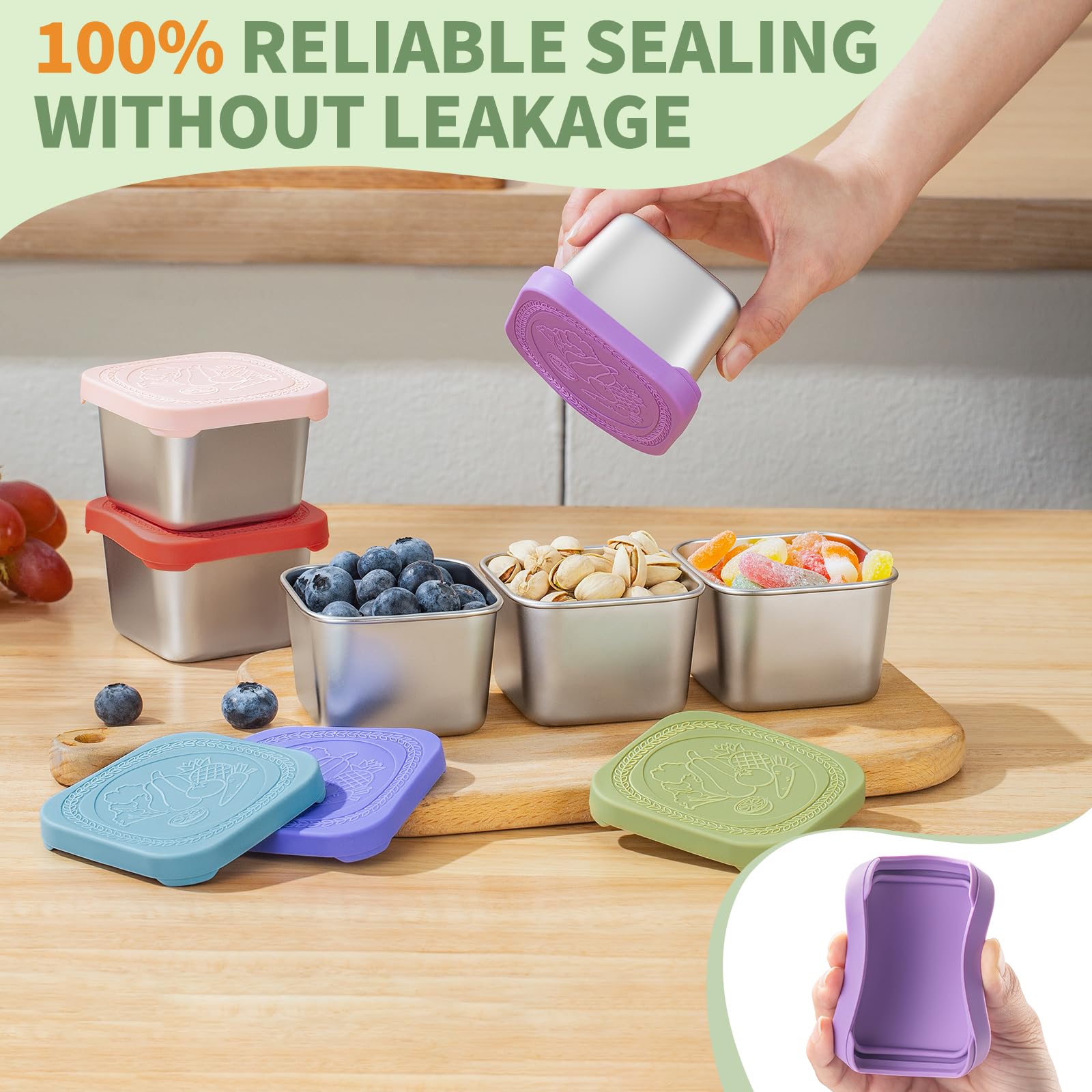 Leak-proof containers with silicone lids designed for backpacks and lunch boxes