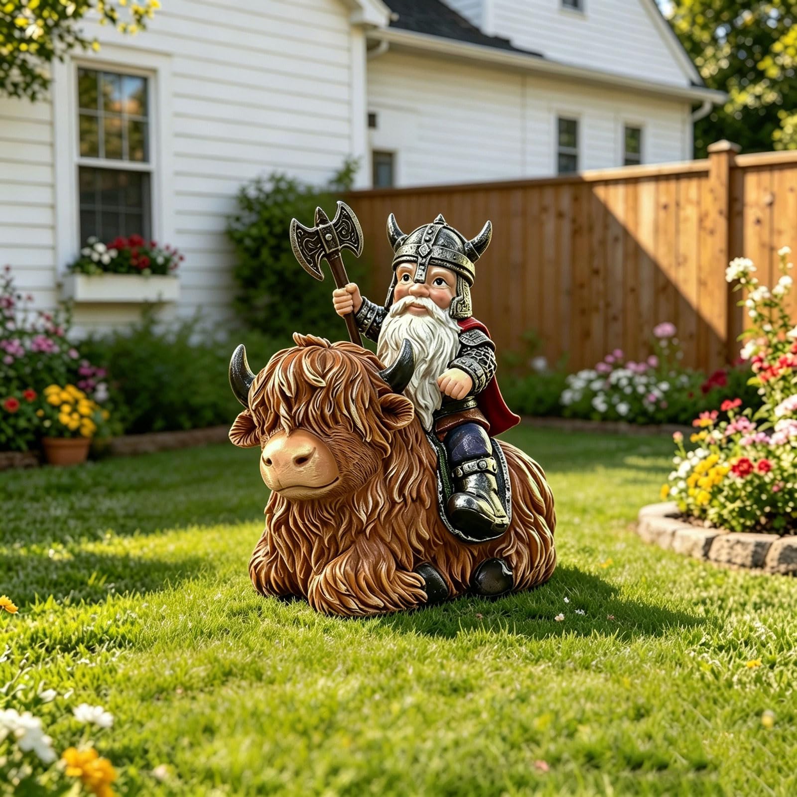 sangeren gnome riding Highland cow decor on shelf