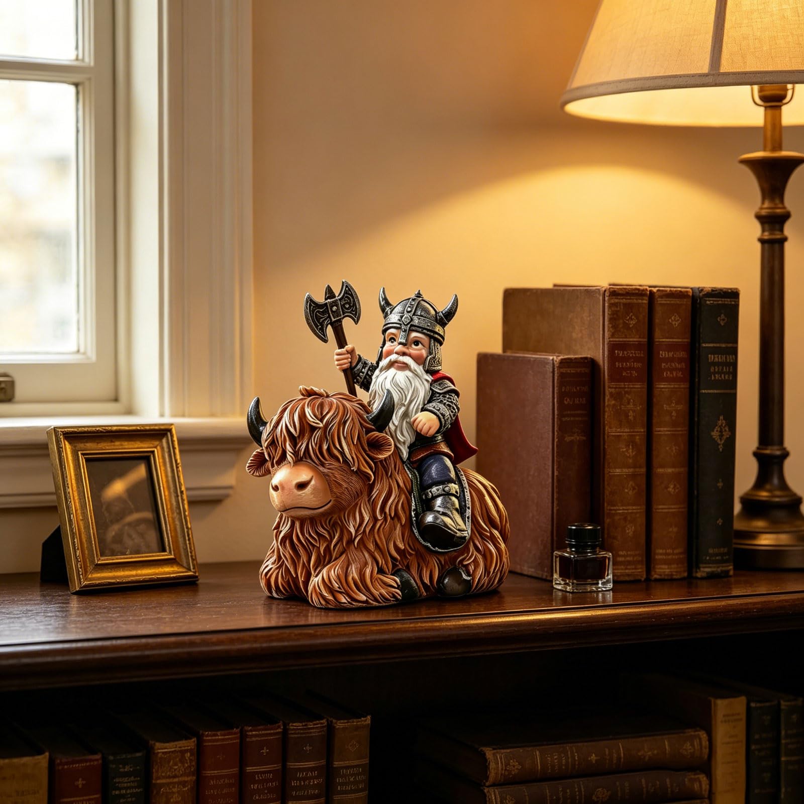 sangeren Viking Warrior Gnome Riding Highland Cow Statue decorative gift idea indoor outdoor