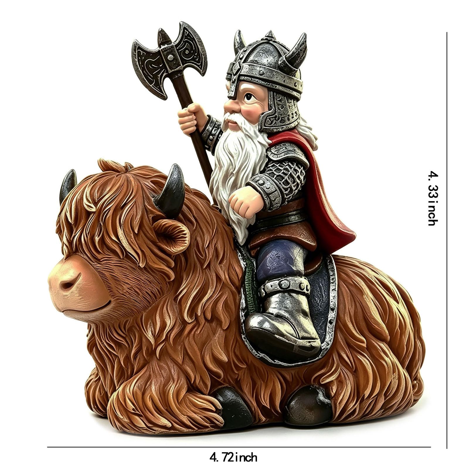 sangeren Viking Warrior Gnome Riding Highland Cow Statue side angle