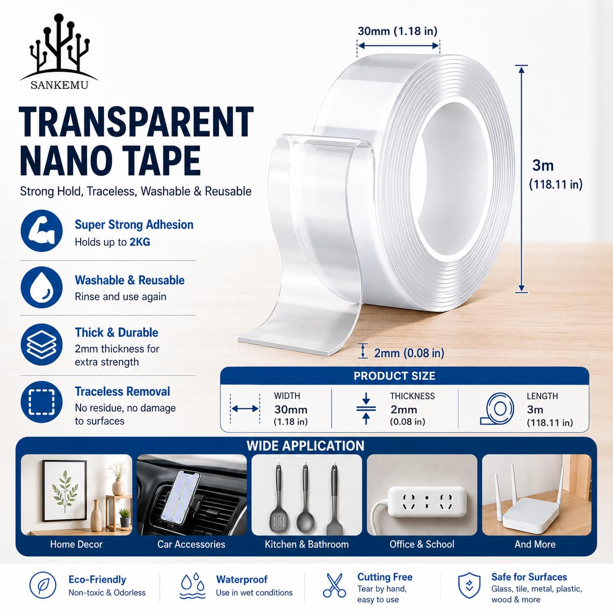 SANKEMU clear removable mounting tape for walls rugs posters
