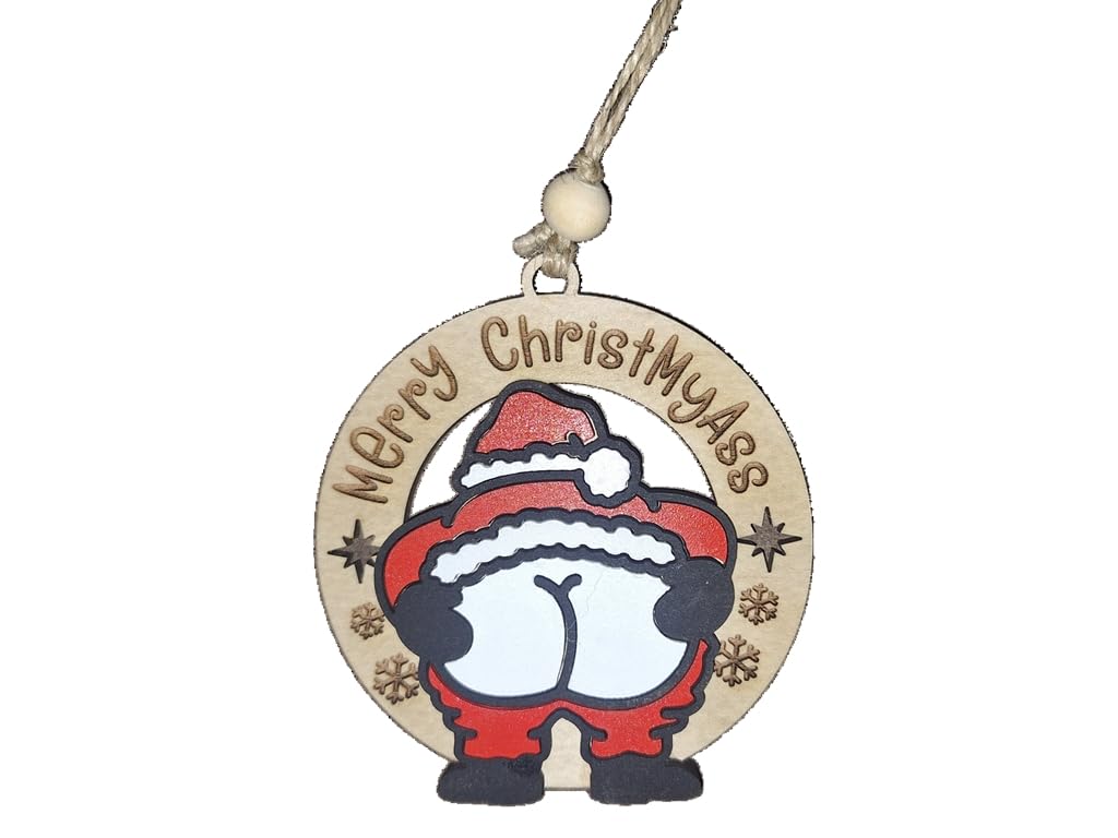 Santa Butts handmade multi layer Christmas ornament with black base and red white accents