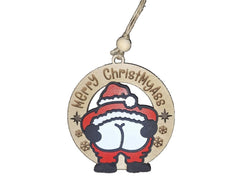 Santa Butts handmade multi layer Christmas ornament with black base and red white accents