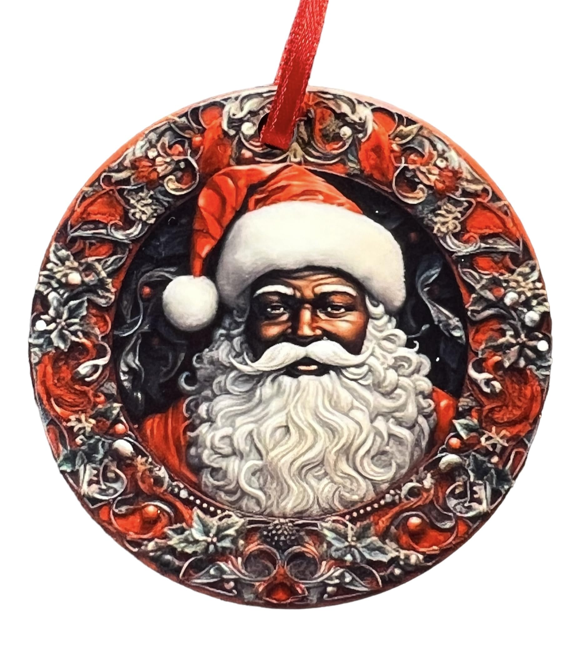 Santa Claus round Christmas ornament in black MDF material