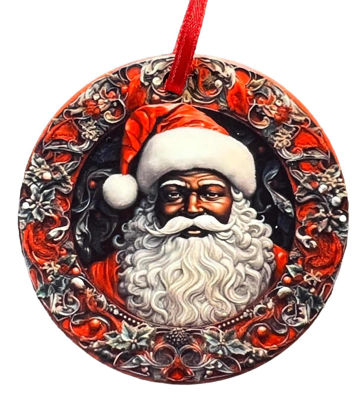 Santa Claus round Christmas ornament in black MDF material