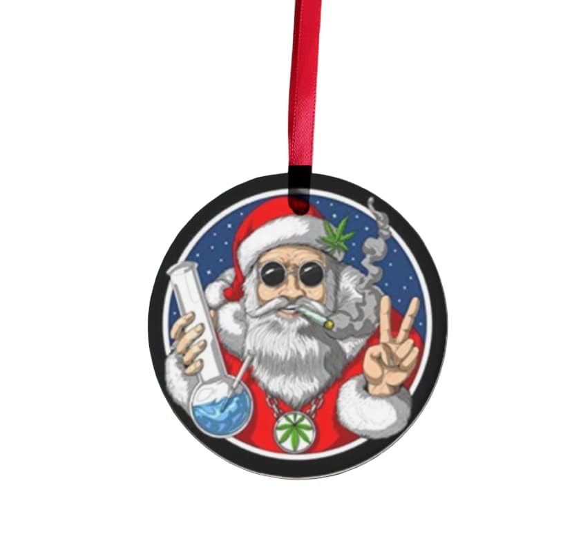 Santa marijuana cannabis Christmas ornament ceramic with red ribbon