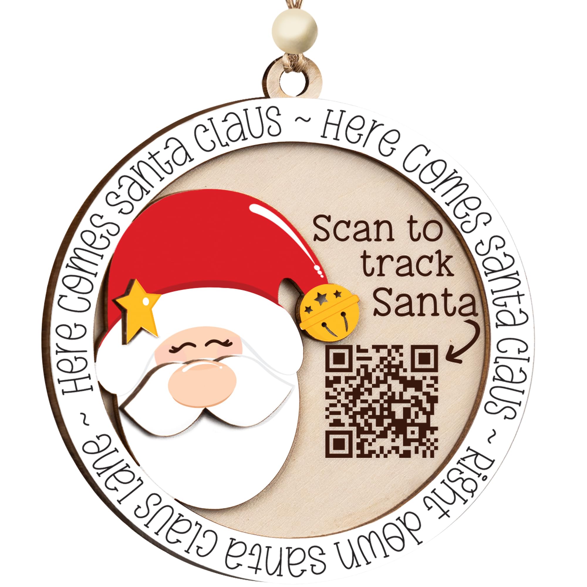 Santa Tracker Christmas Ornament with QR Code hanging on tree