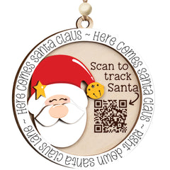 Santa Tracker Christmas Ornament with QR Code hanging on tree