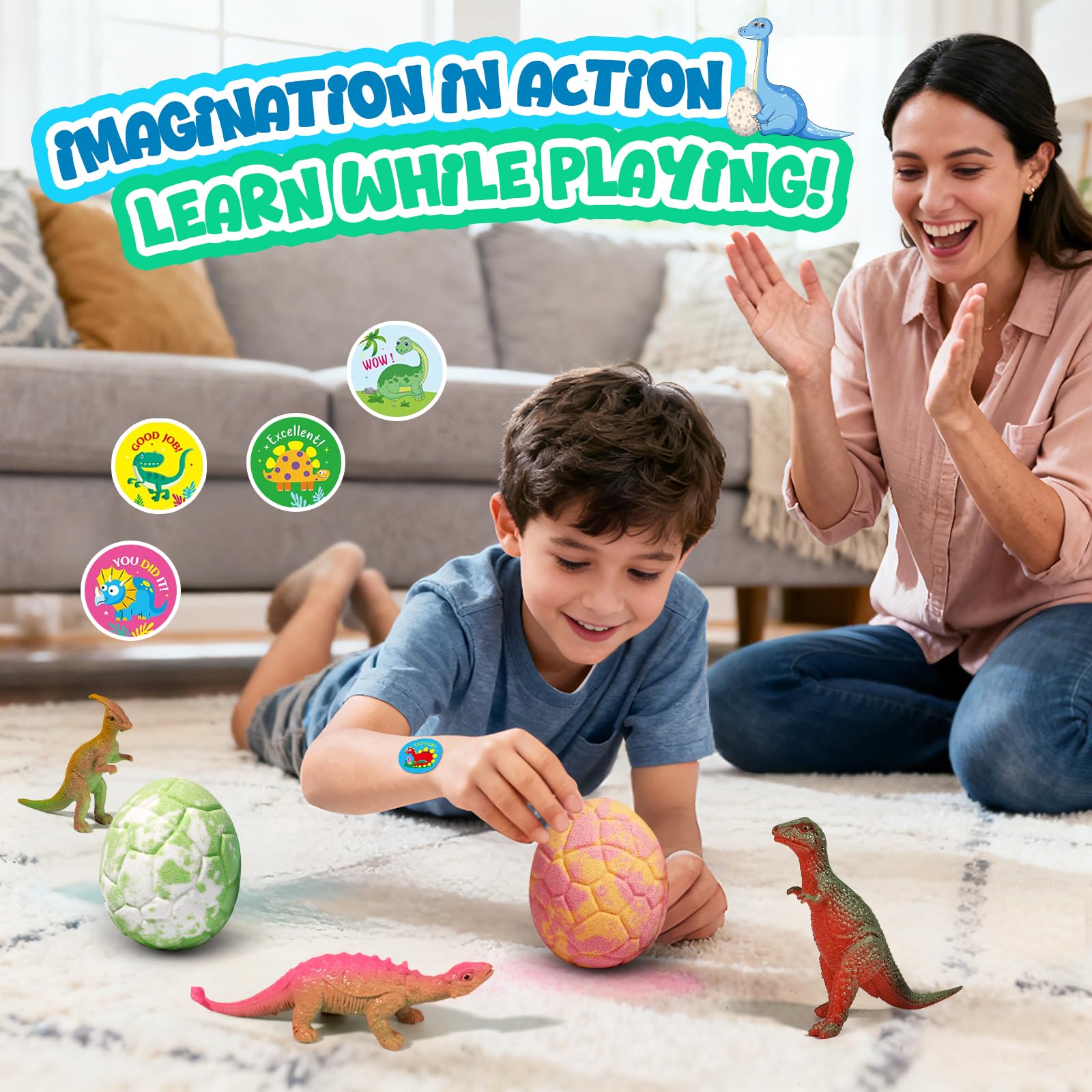 Six color dino egg bath bombs with built in toys
