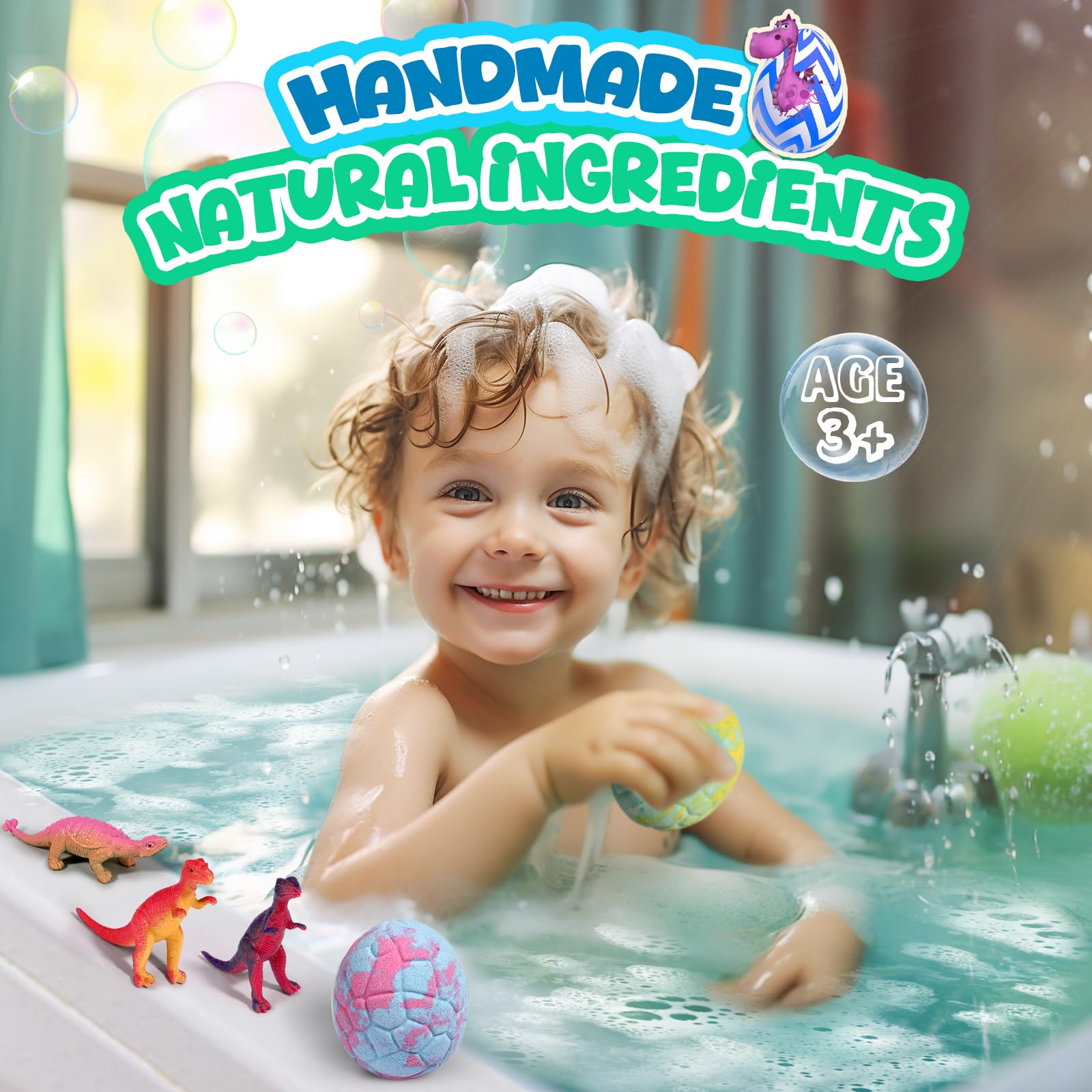 Bubble burst bath bombs releasing dinosaur toy