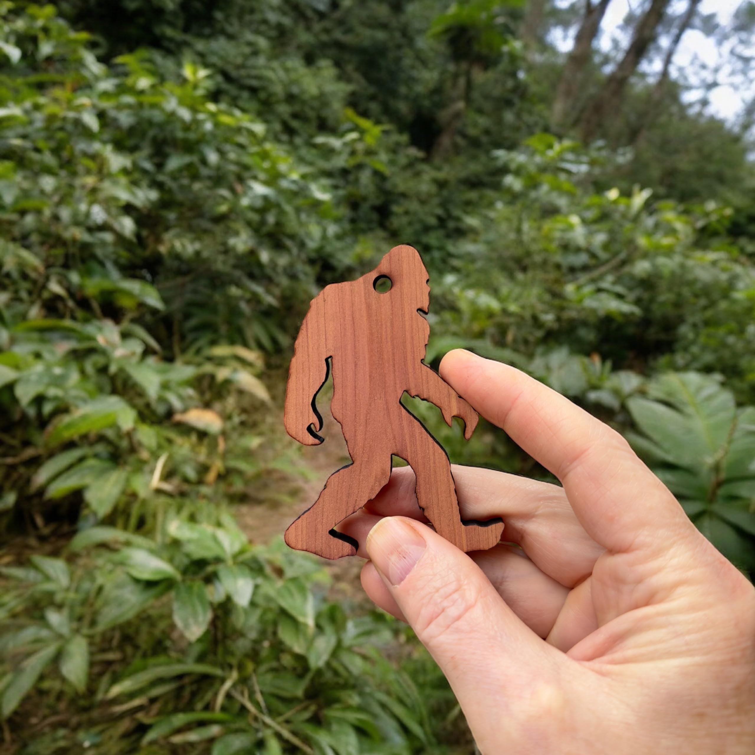 Laser Engraved cedar ornament Sasquatch design 2.5x3.5in