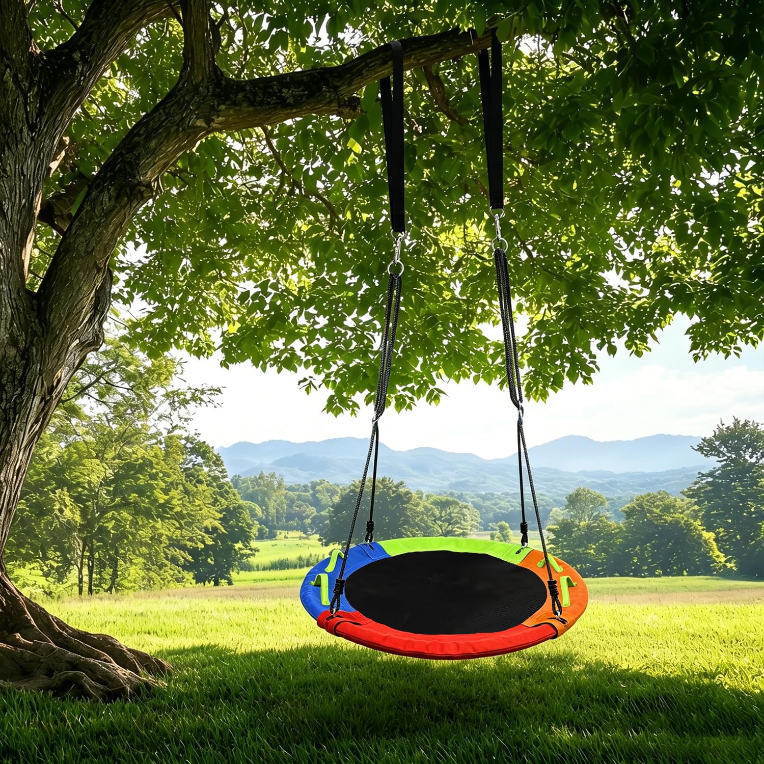 Adjustable hanging straps for saucer swing installation in outdoor setting