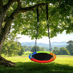 Adjustable hanging straps for saucer swing installation in outdoor setting