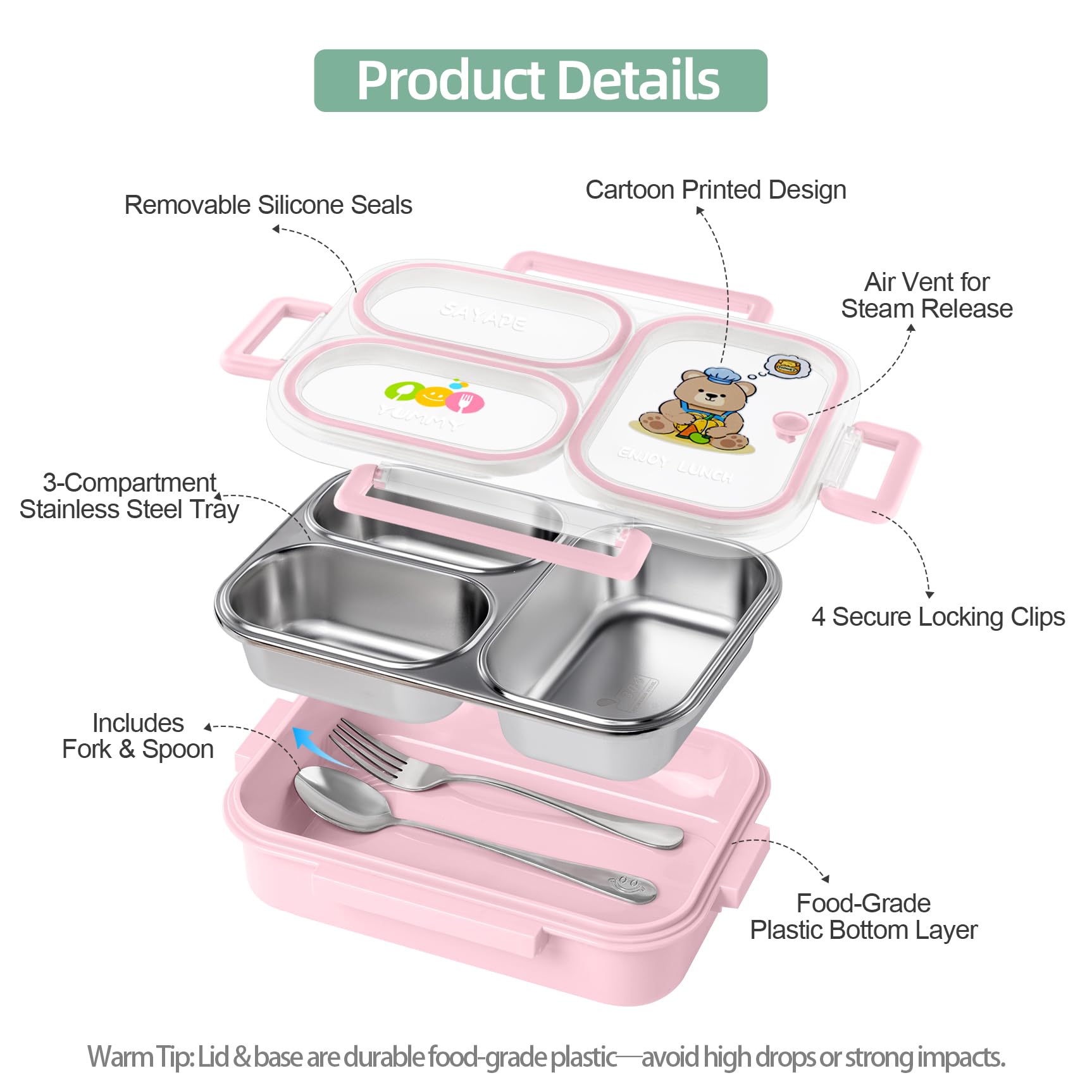 Pink bento box lid featuring cartoon bear print