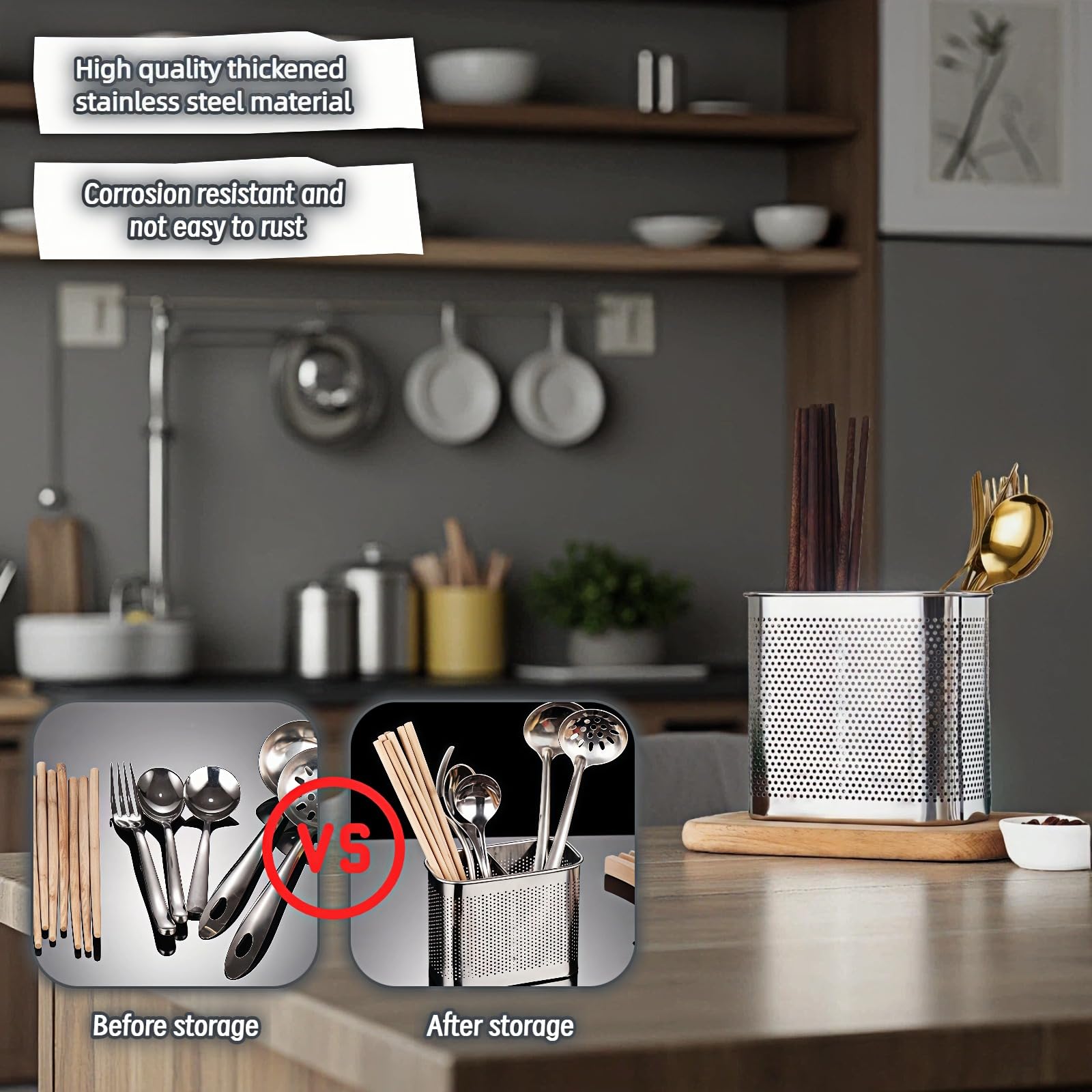 Rustproof SAYUANVA utensil holder with perforated sides