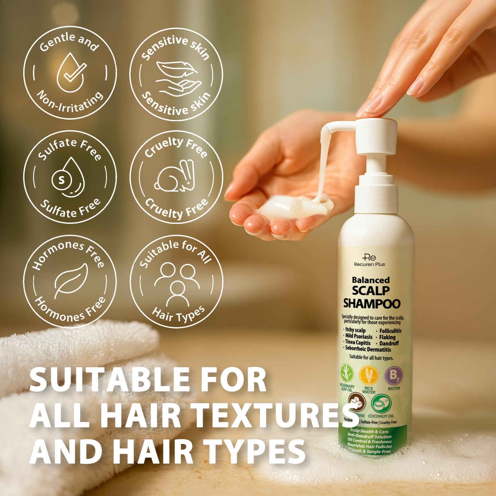 Scalp psoriasis treatment shampoo bottle with rosemary coconut oil