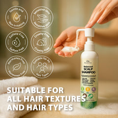 Scalp psoriasis treatment shampoo bottle with rosemary coconut oil