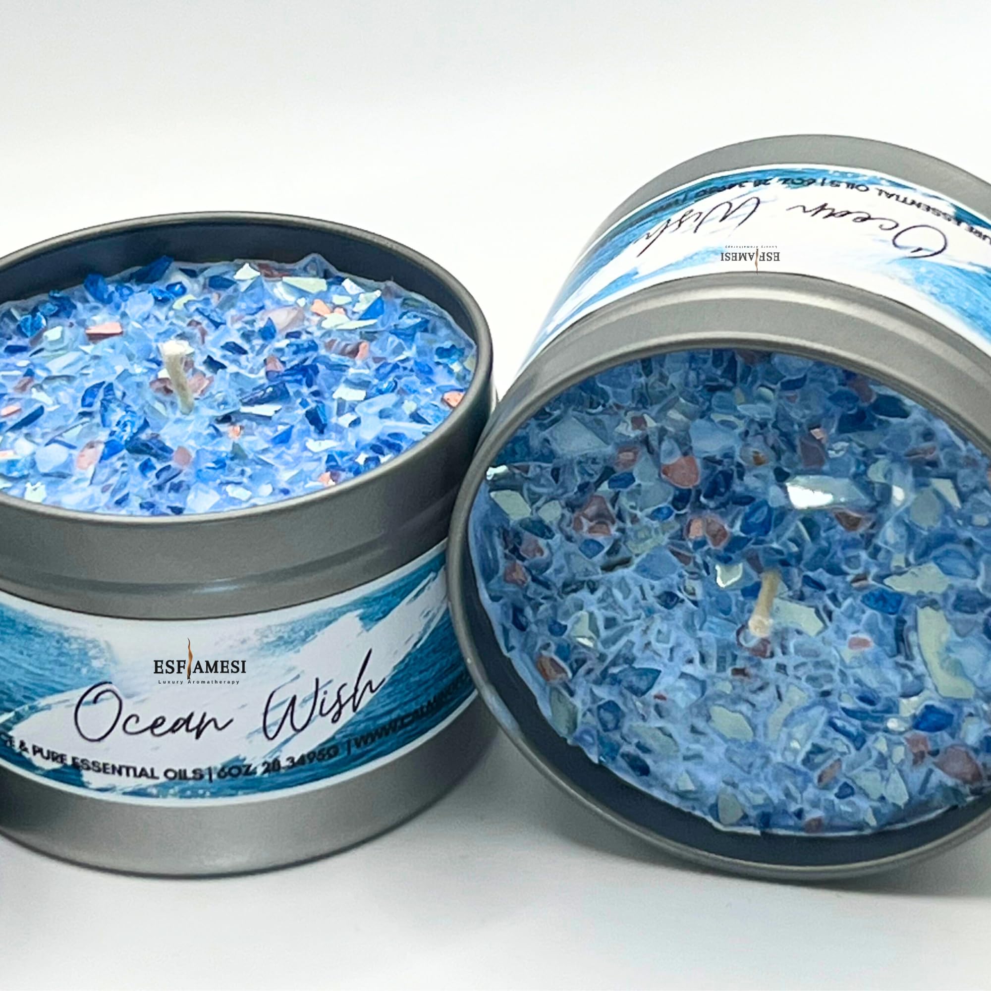 Scented candle for home display with lavender sea salt notes