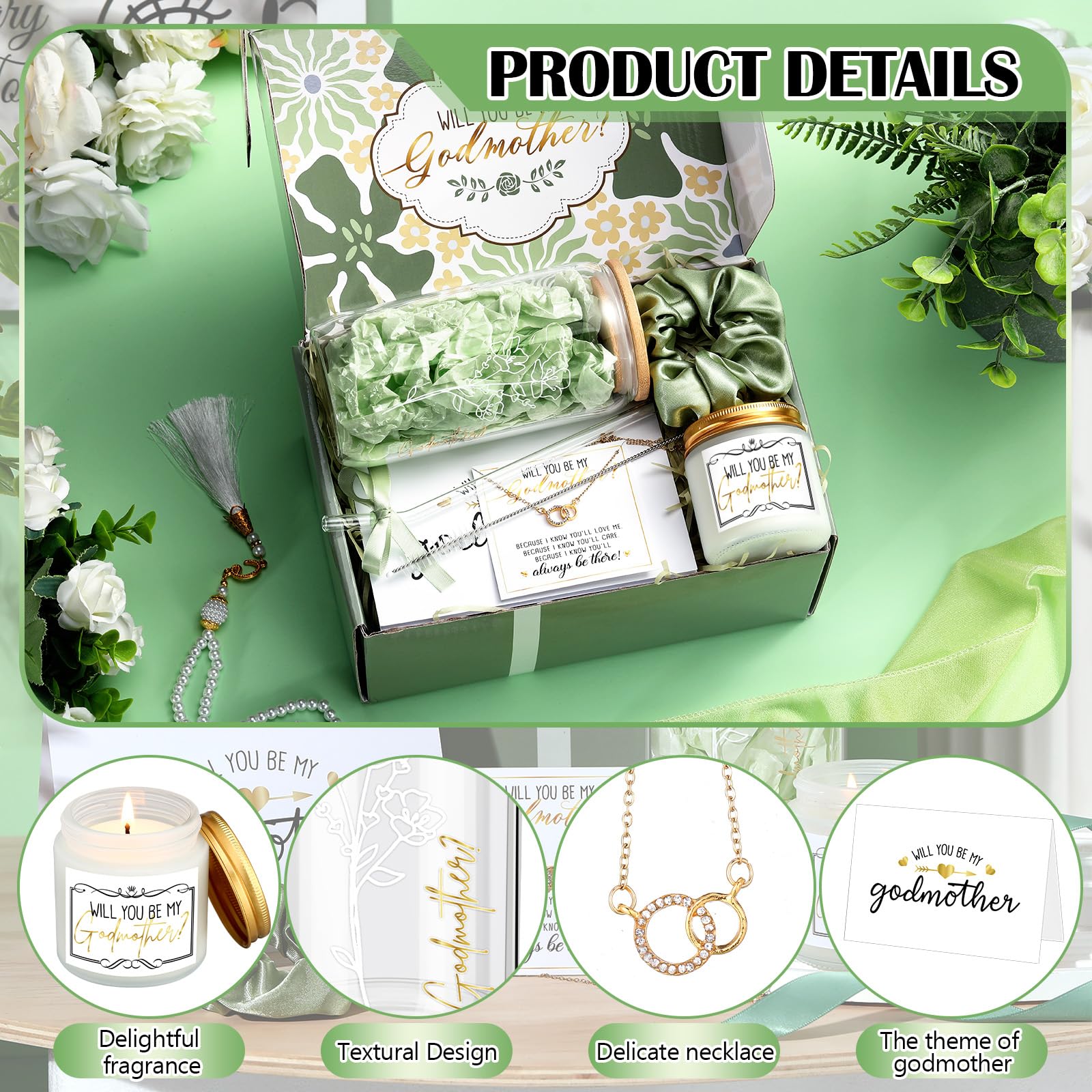 gift box containing six items for godmother proposal set