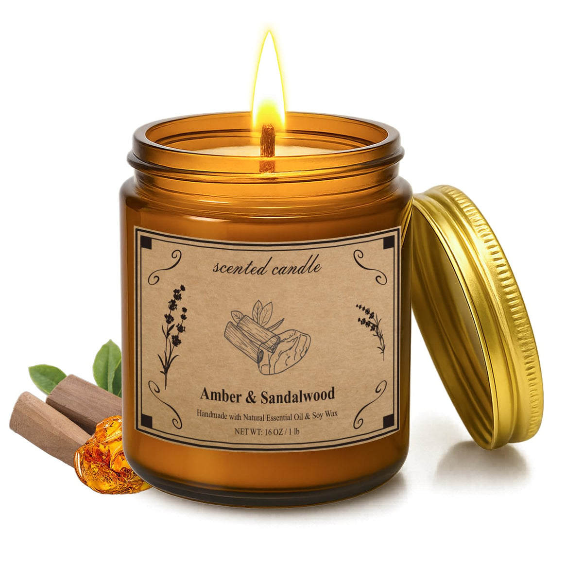 Scented Candles Amber Sandalwood 16oz jar aromatherapy candle