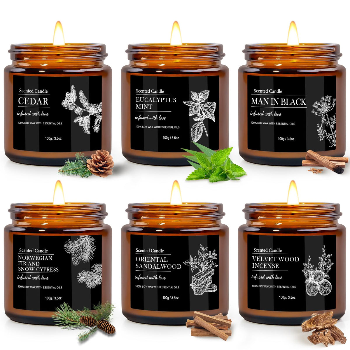 Scented Candles for Men 6 pack collection in black jars
