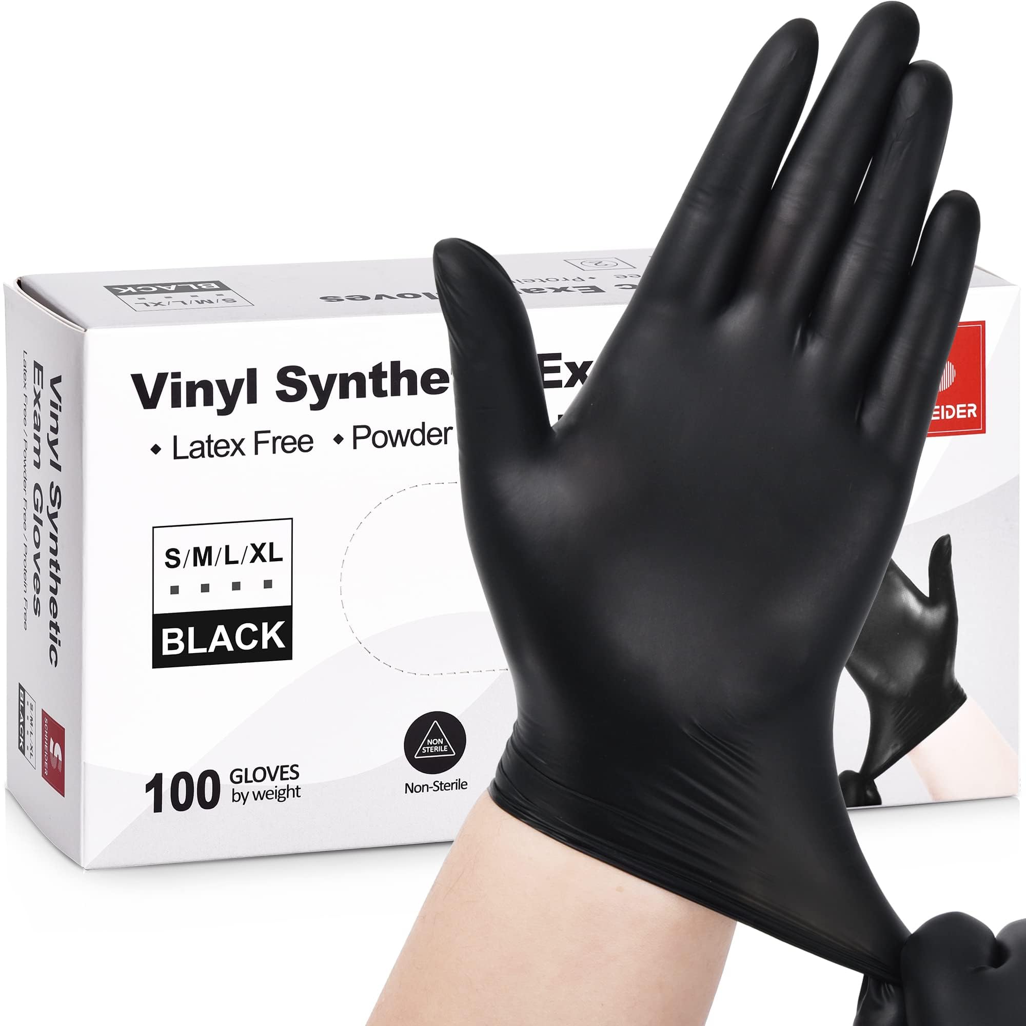 Schneider brand black vinyl exam gloves product image with 50 count packaging