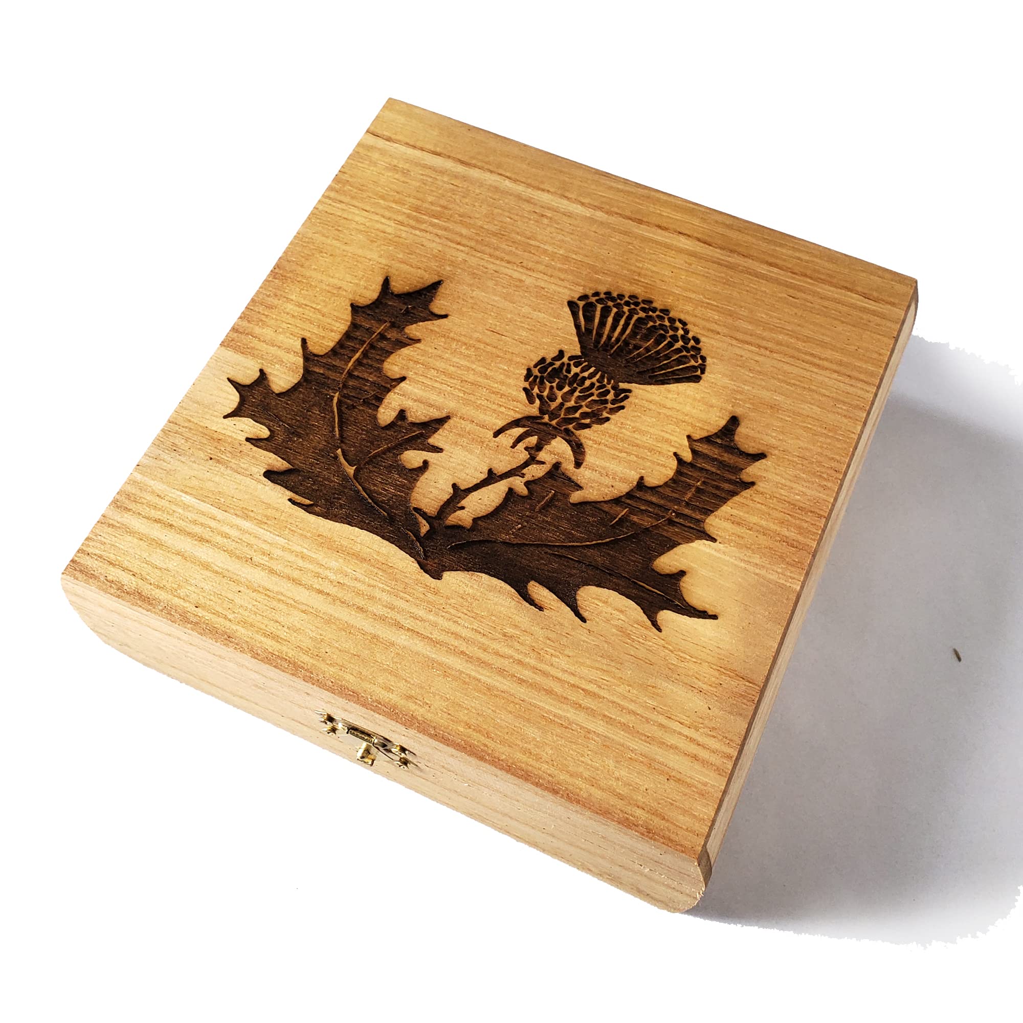 Scottish Thistle Latched Wooden Box with gold clasp