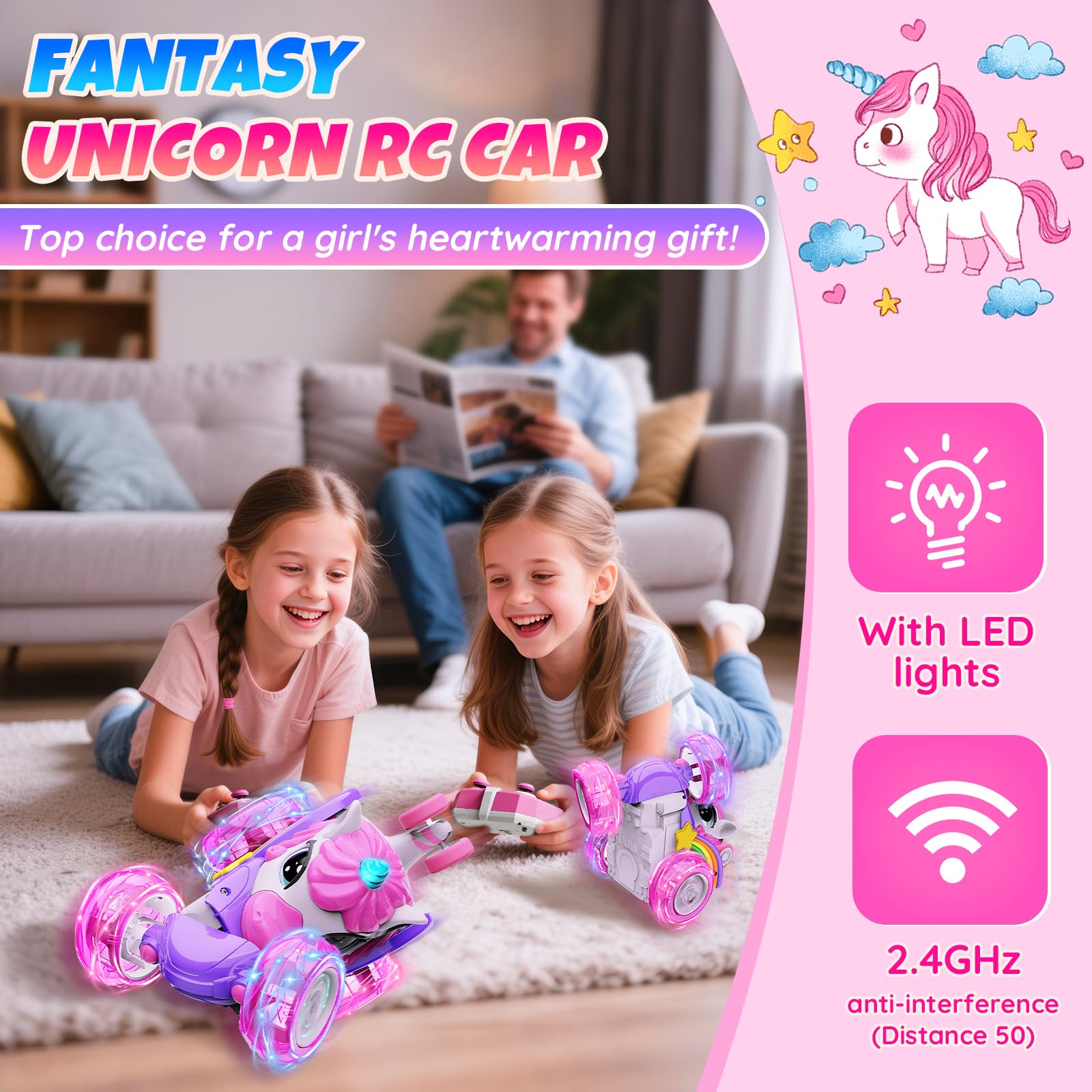 colorful lighting system on unicorn remote control car for night play