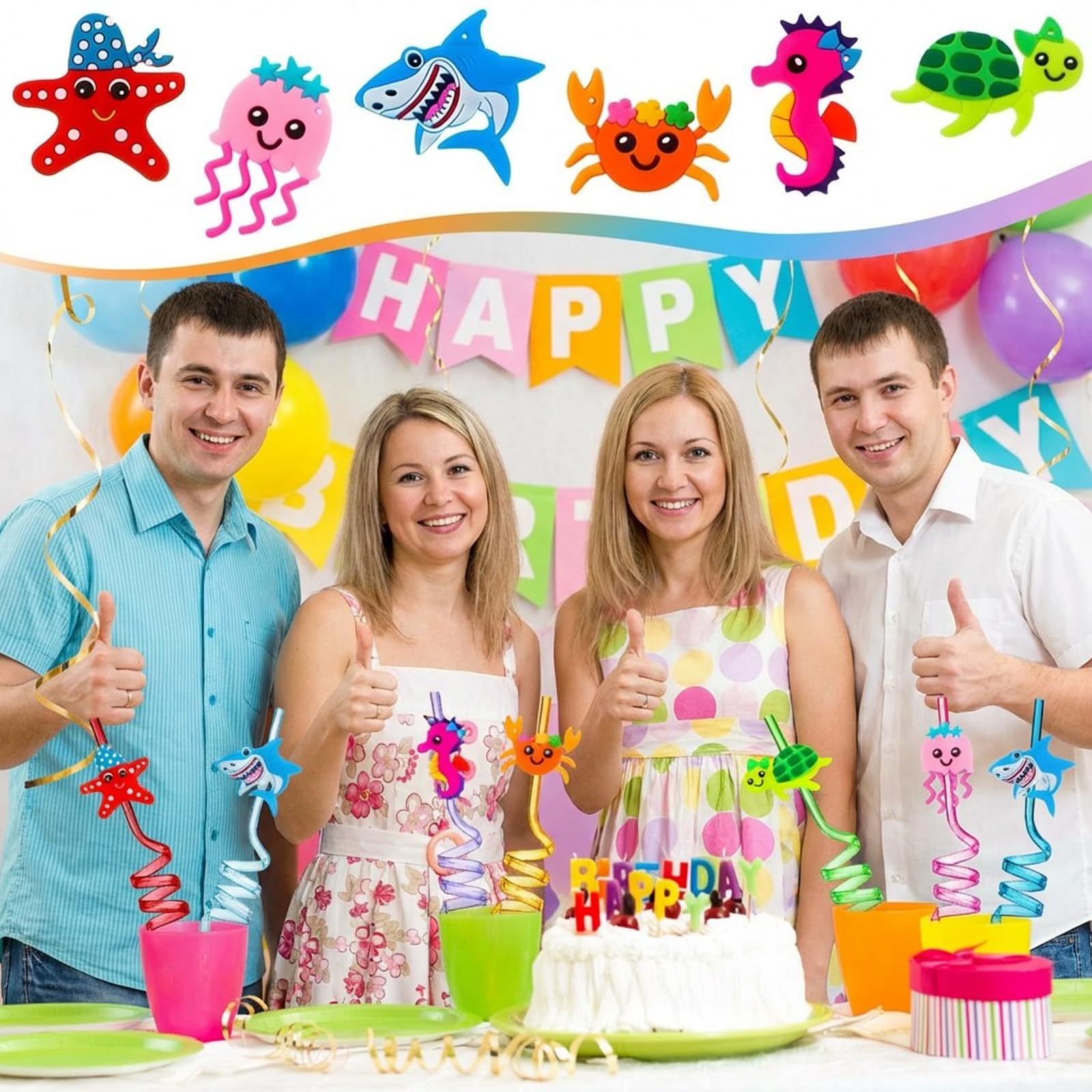 Shark starfish crab seahorse jellyfish turtle straw designs