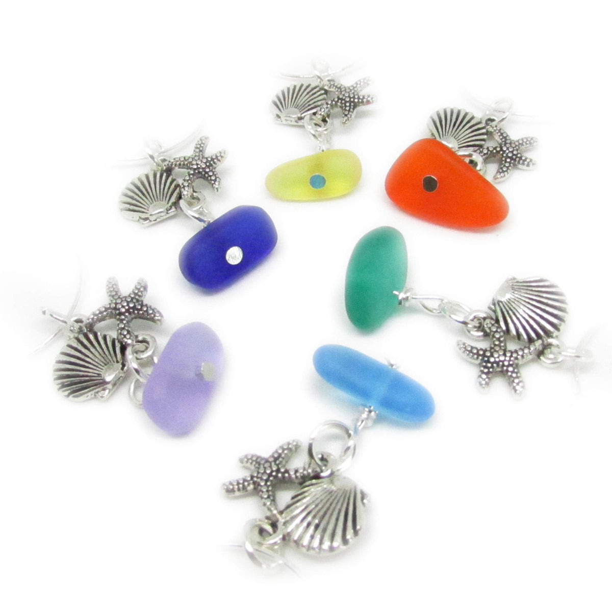 Sea Glass Wine Glass Charms set of 6 with starfish and seashell motifs