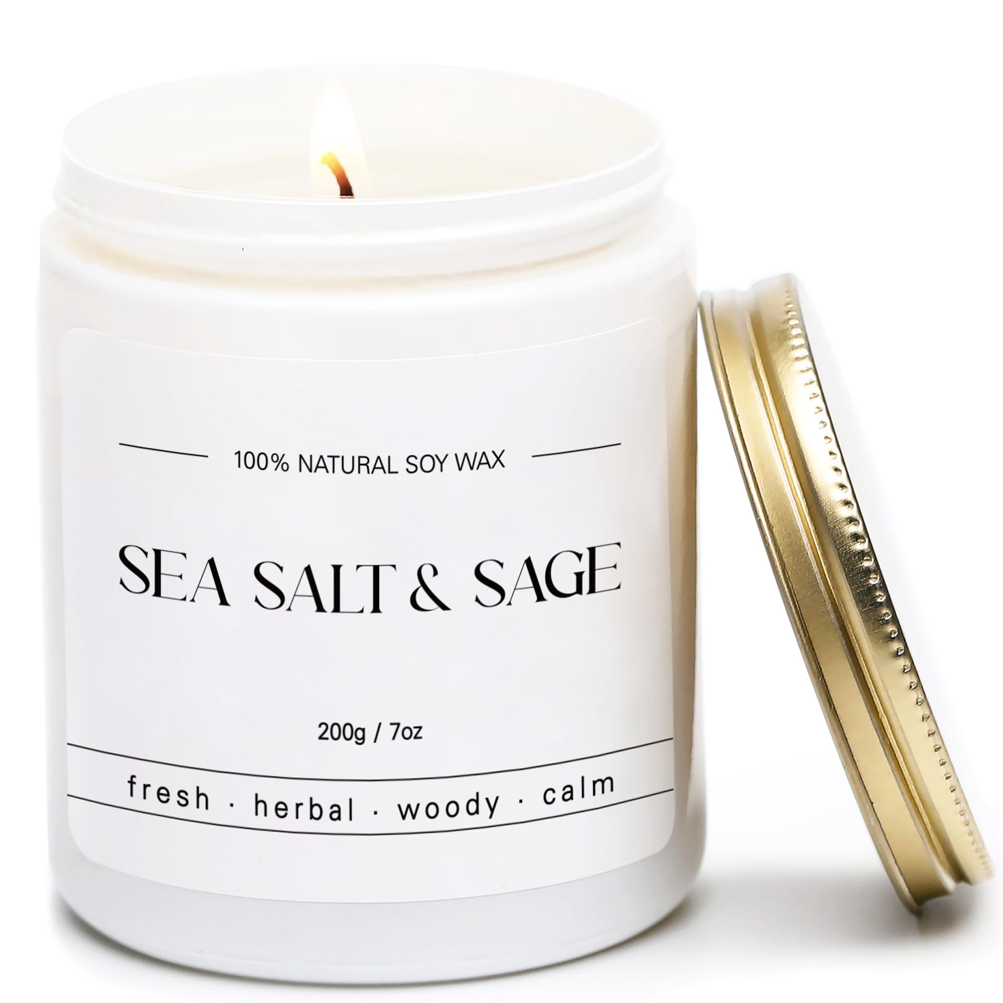 Sea Salt Sage Scented Candle in minimalist white jar
