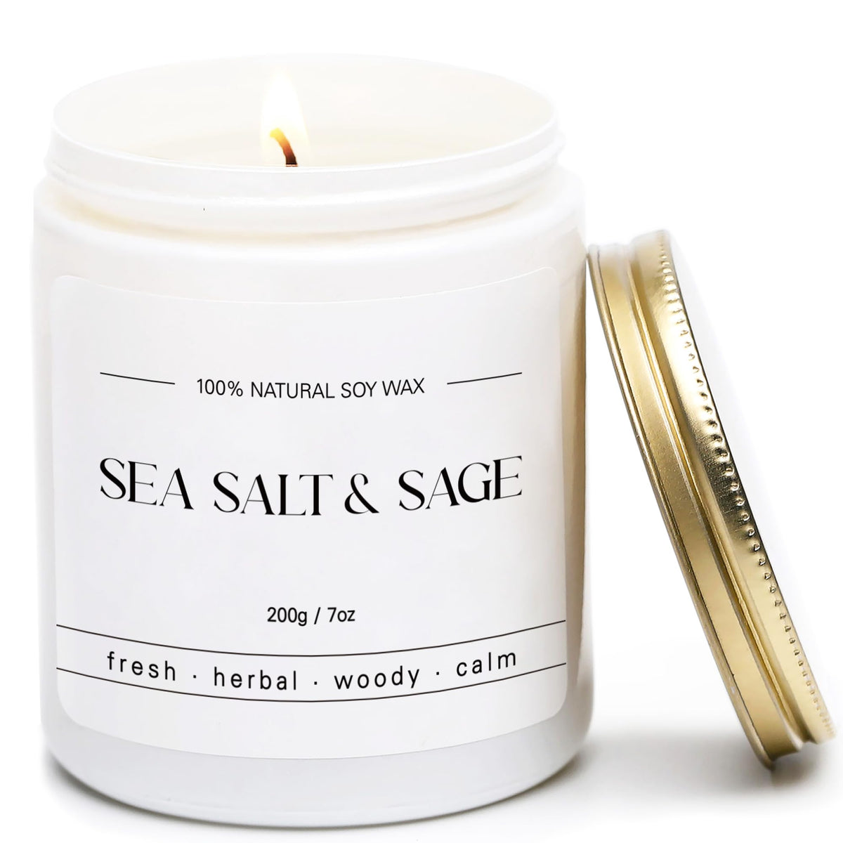 Sea Salt Sage Scented Candle in minimalist white jar