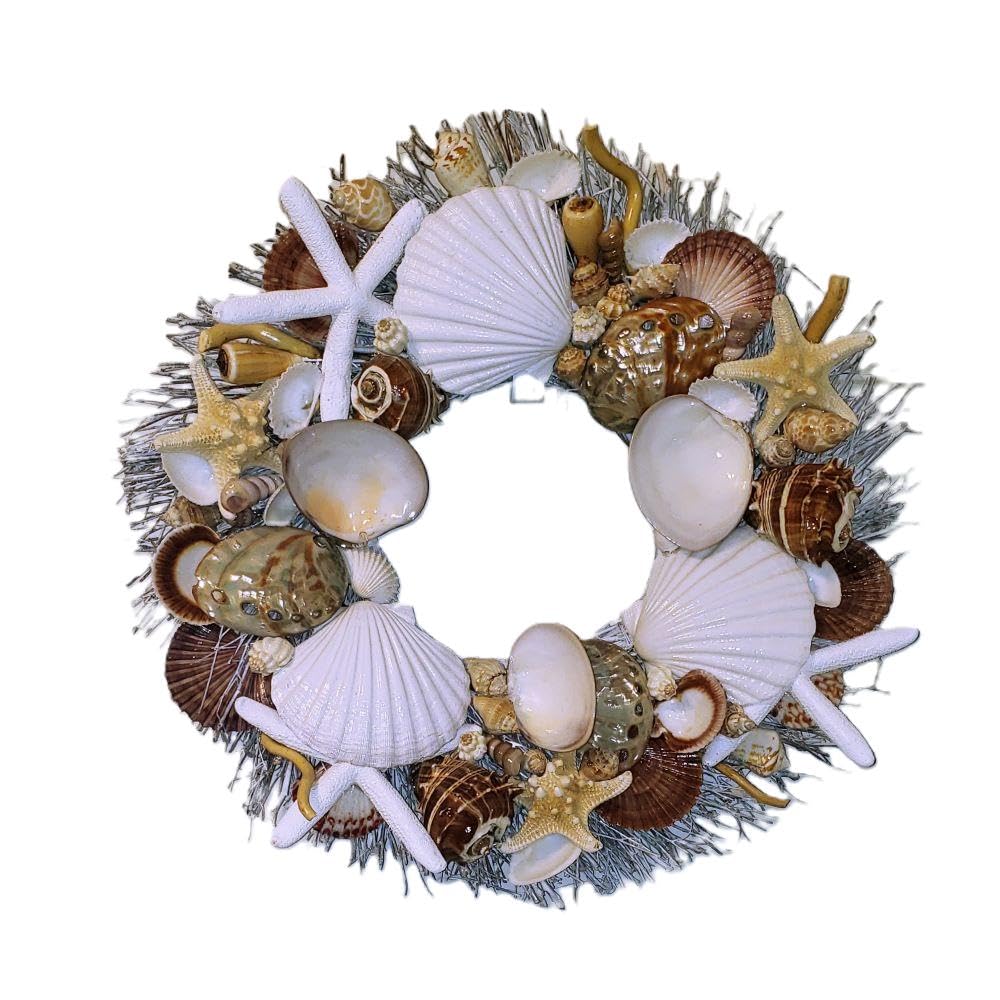 Sea shell wreath on birch twig base with polished abalone shells
