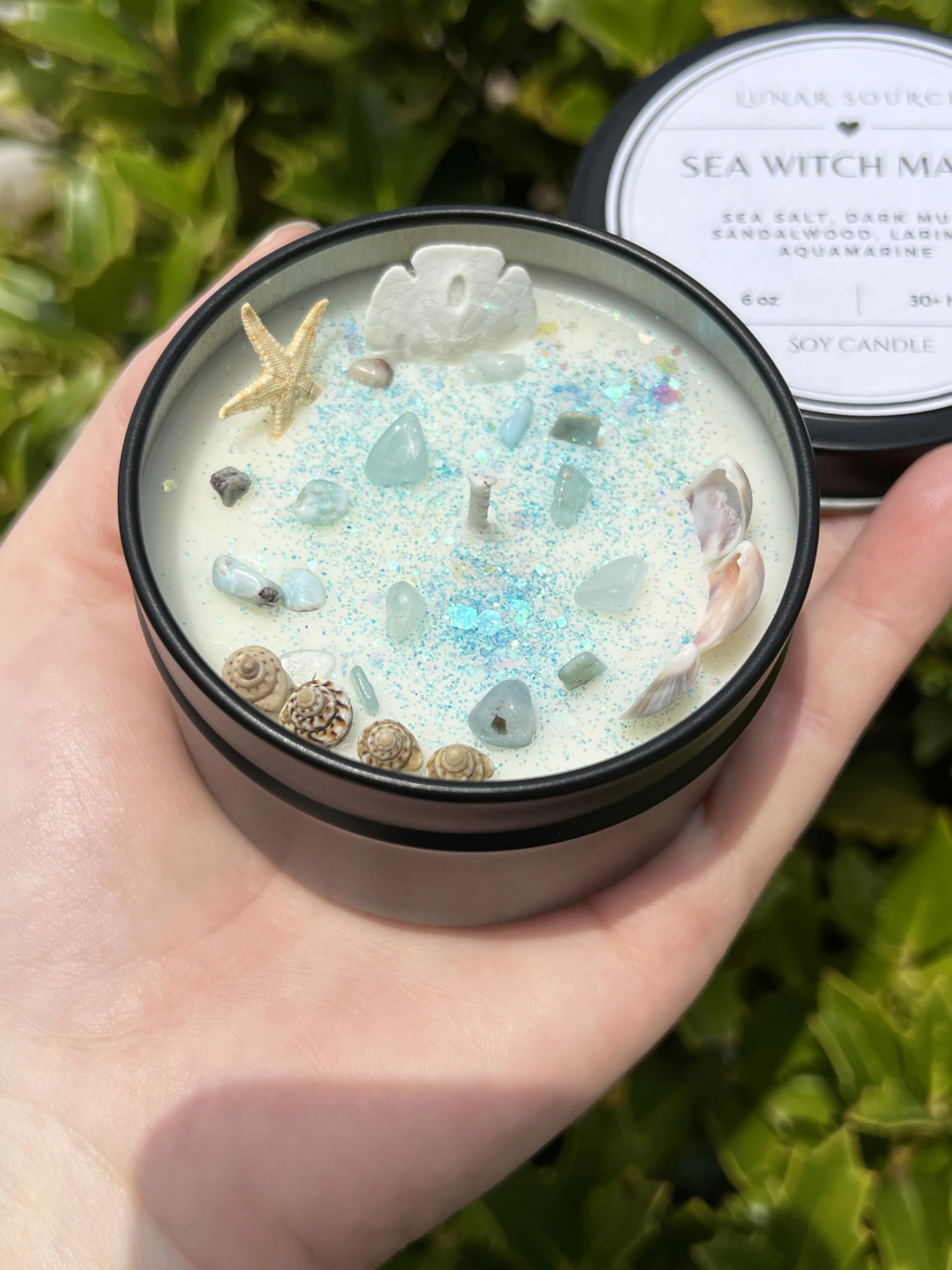 Ethically sourced gemstones on Sea Witch Mermaid Magick Candle