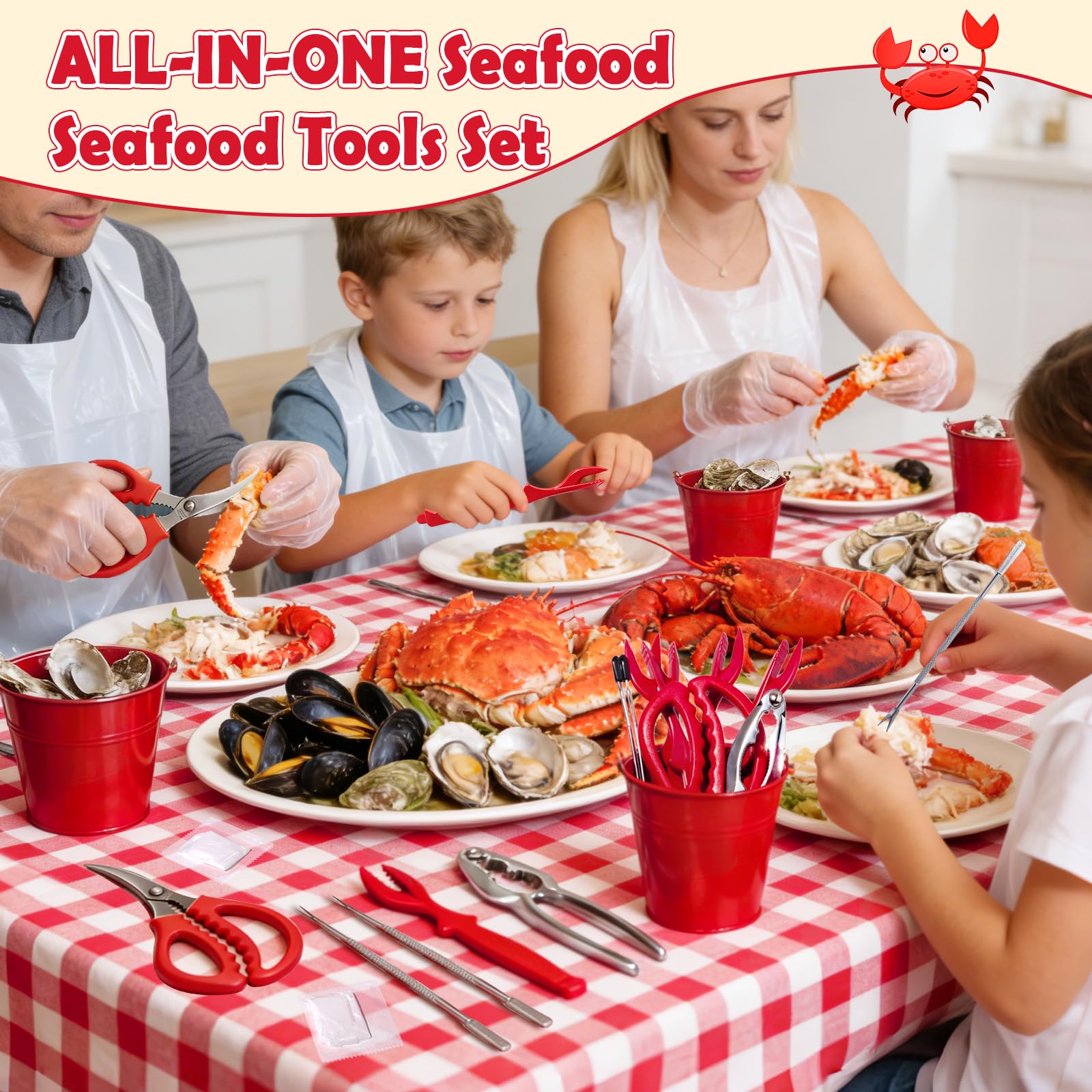 Seafood boil party supplies assortment including lobster shellers and forks
