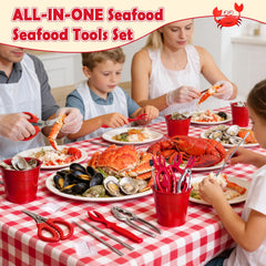 Seafood boil party supplies assortment including lobster shellers and forks