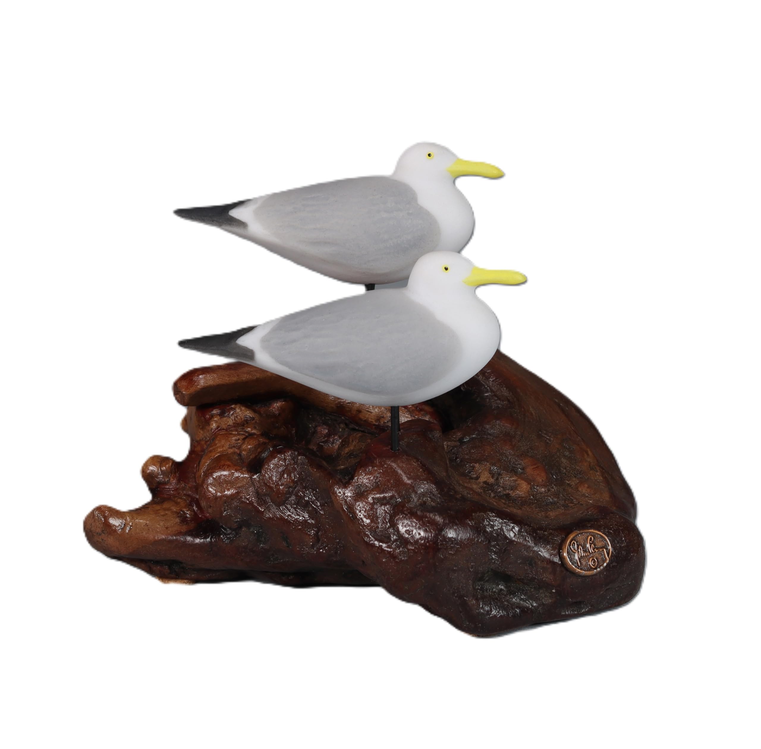 Seagull Duo Sculpture Perching by John Perry on polished burlwood base